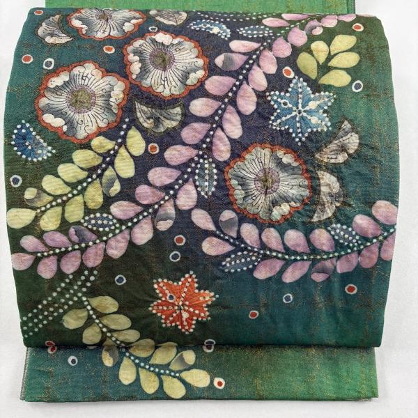美品 袋帯 名品 落款あり 辻が花 金糸 箔 緑 お太鼓柄 正絹 中古