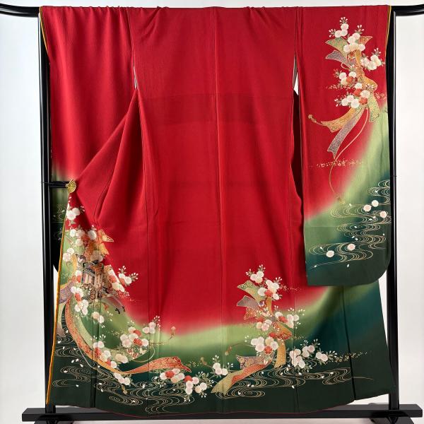 【振袖フルセット】身丈162.5cm 裄丈67.5cm 桜 流水 箔 金彩 赤 美品 振袖 身丈156cm 裄丈67.5cm L 袷 桂由美 やまと 落款あり 御所車