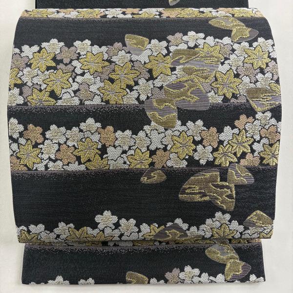 美品 袋帯 逸品 落款あり 〓杉太 貝合わせ 楓 金糸 刺繍 灰色 六通