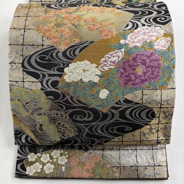 美品 袋帯 逸品 じゅらく 落款あり じゅらく帝王紫 扇面 牡丹 刺繍 箔