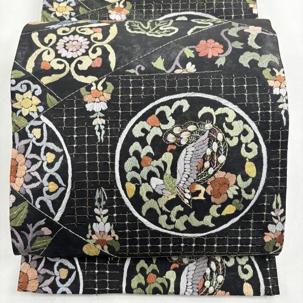 袋帯 逸品 孔雀 花鳥 刺繍 金銀糸 黒 六通 正絹 中古 : リユース