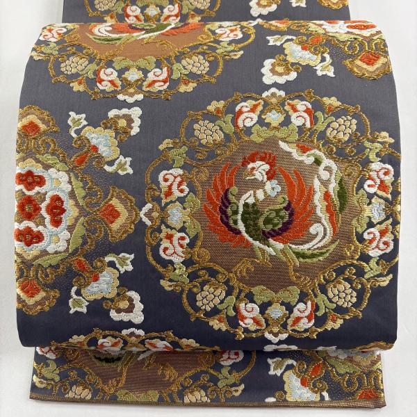 美品 袋帯 逸品 河合美術織物 落款あり 関西仕立て 鳳凰 花唐草 唐織