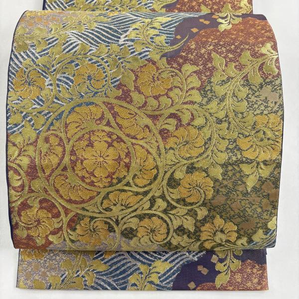 美品 袋帯 逸品 川島織物 落款あり 草花 波 金糸 箔 鶯色 六通 正絹