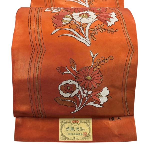袋帯 名品 渡文 落款あり 証紙あり 草花 金糸 箔 赤茶 六通 正絹 中古
