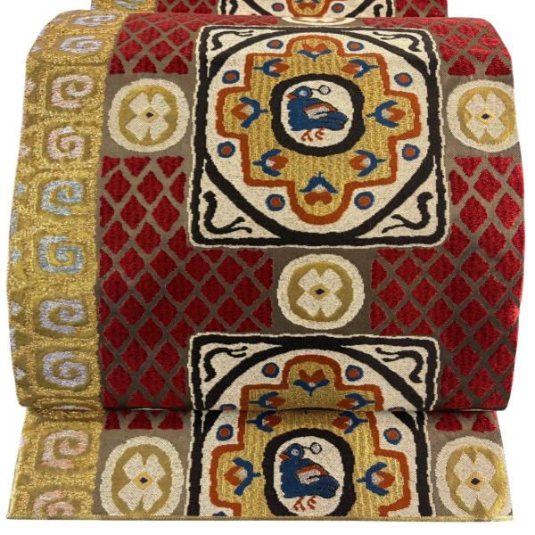 六通柄袋帯　唐織　花鳥雪輪文　本金箔 中古】美品 本金箔 六通柄 袋帯 雪輪流水花車文／金（b3507891