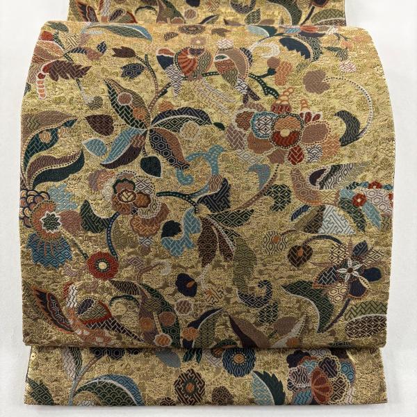 美品 袋帯 名品 花唐草 箔 金色 六通 正絹 中古 : リユースセレクト