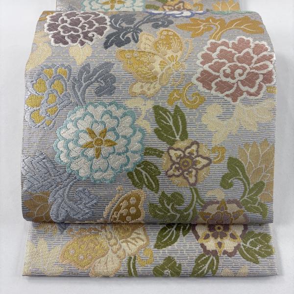美品 袋帯 名品 草花 蝶 金糸 箔 灰色 六通 正絹 中古 : リユース