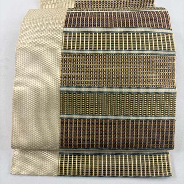 美品 名古屋帯 名品 松葉仕立て 八寸名古屋帯 段縞 格子 薄黄 正絹