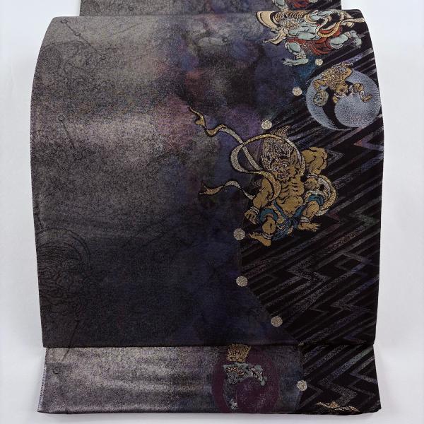 美品 袋帯 名品 風神雷神 稲妻 箔 黒灰 六通 正絹 中古 : リユース