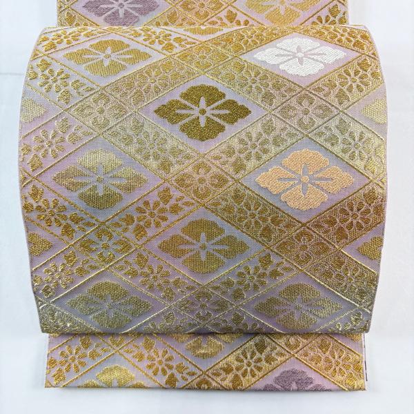 美品 袋帯 名品 格子幸菱紋 金銀糸 薄紫 全通 正絹 中古 : リユース