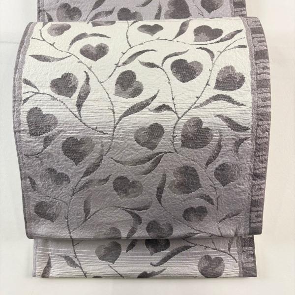 美品 袋帯 名品 葉柄 段縞 灰紫 全通 正絹 中古 : リユースセレクト
