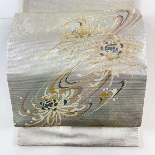 A17 未使用　美品　袋帯　螺鈿　四季花　鳥　金銀彩 灰白 お太鼓正絹 美品 袋帯 名品 やまと 菊 流水 螺鈿箔 灰白 お太鼓柄 正絹 中古