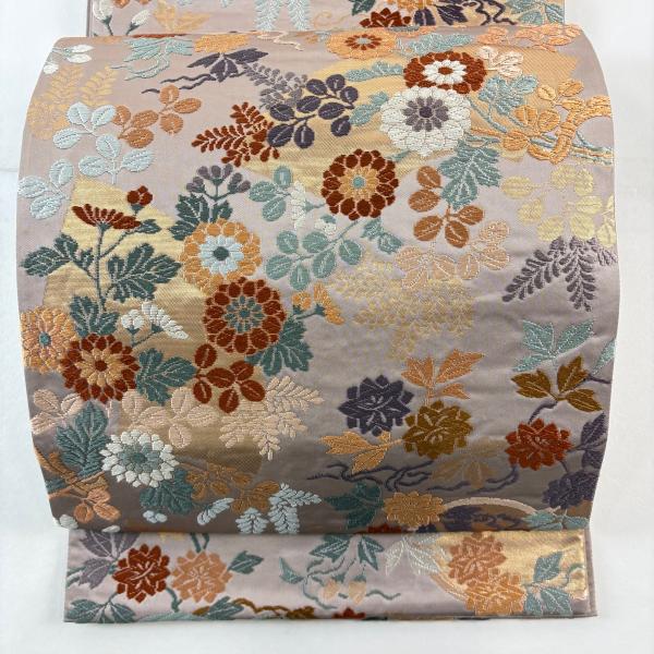 袋帯 名品 扇面 菊 唐織 箔 灰紫 六通 正絹 中古 : リユースセレクト