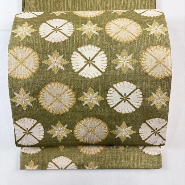 袋帯 名品 綴れ 花 菱 金糸 鶯色 お太鼓柄 正絹 中古 : リユース
