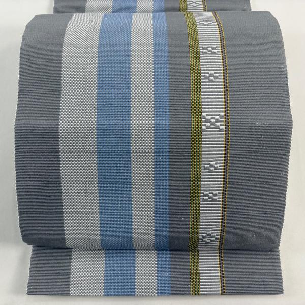 美品 名古屋帯 名品 八寸名古屋帯 松葉仕立て 縞 幾何学模様 灰色 正絹