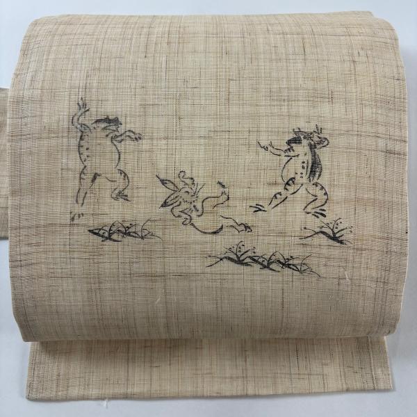 名古屋帯 逸品 夏紬 鳥獣戯画 薄茶色 麻 中古 : リユースセレクト