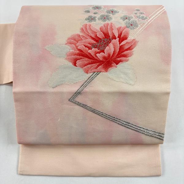 名古屋帯 優品 夏帯 絽 牡丹 桜 ピンクベージュ 正絹 中古 : リユース