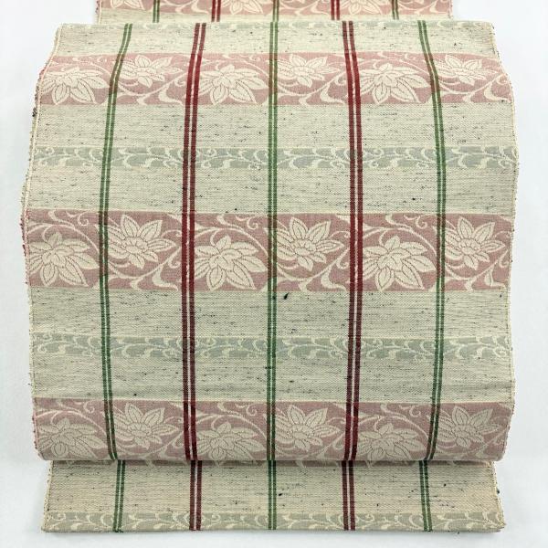 名古屋帯 優品 紬地 八寸名古屋帯 縞 花唐草 金糸 ベージュ 正絹 中古