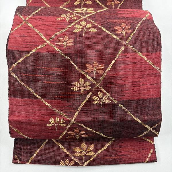 美品 名古屋帯 優品 紬地 松葉仕立て 八寸名古屋帯 草花 幾何学模様