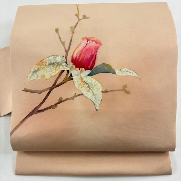 名古屋帯 優品 落款あり 枝花 金彩 ぼかし 薄茶色 正絹 中古