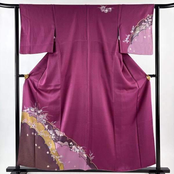 付下げ 身丈158.5cm 裄丈62.5cm S 袷 雪輪 草花 金彩 紫 正絹 秀品