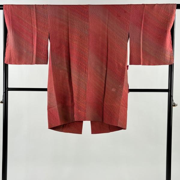 コート地 斉藤三才 手染め 黒×金赤色 正絹 反物 美品 道中着 身丈96cm 裄丈66cm M 斉藤三才 和装コート 落款あり 幾何