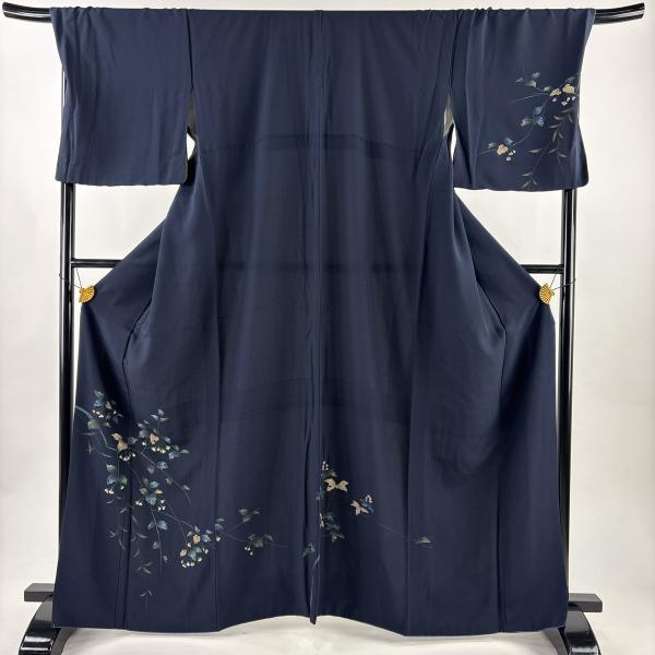 付下げ 身丈165.5cm 裄丈71cm L 袷 草花 花 金銀彩 ぼかし 藍色 正絹