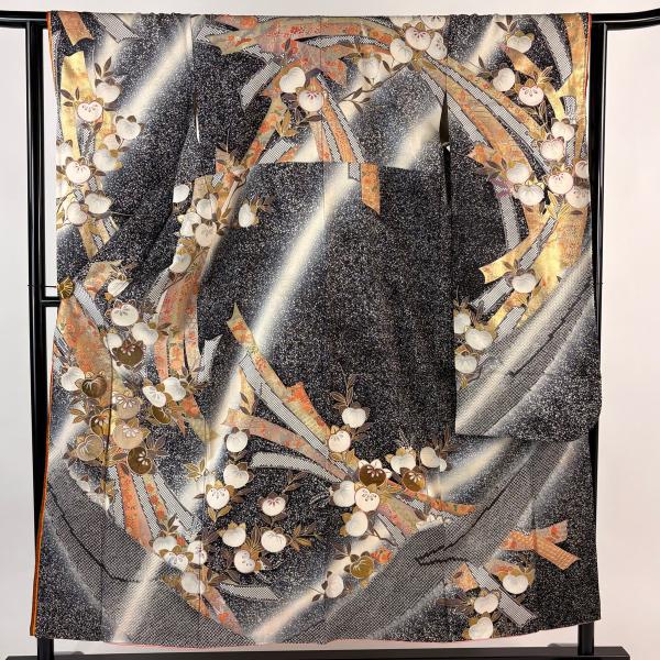振袖 身丈151.5cm 裄丈63cm S 袷 落款あり 橘 草花 金彩 絞り 黒灰