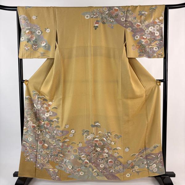 ［ 訪問着 ］袷　正絹　水色　薄い黄　ぼかし　梅　菊　箔　金　銀　作家物　松雨 訪問着 身丈163cm 裄丈64.5cm M 袷 御所車 松竹梅 金銀彩 薄黄土色