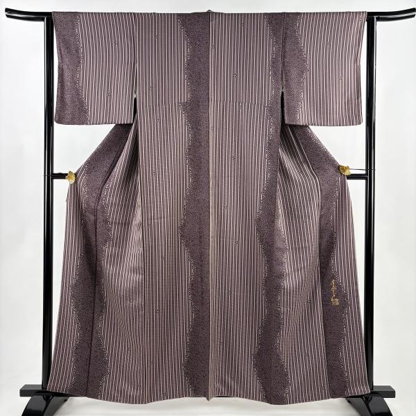 小紋 身丈160cm 裄丈62.5cm S 袷 斉藤三才 落款あり 桜 縦縞 茶紫 正絹