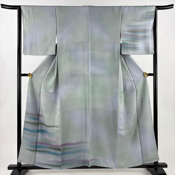 付下げ 身丈156.5cm 裄丈65cm M 袷 斉藤三才 落款あり 霞 ぼかし 青