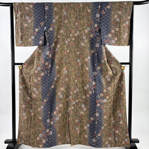 美品 小紋 身丈161.5cm 裄丈65cm M 袷 草花 菱 茶緑色 正絹 秀品 中古