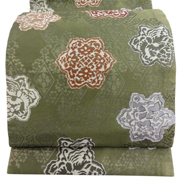 美品 名古屋帯 秀品 松葉仕立て 草花 菱 茶緑色 正絹 中古
