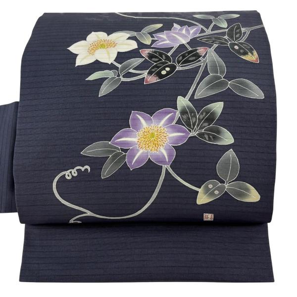 名古屋帯 逸品 羽田登喜 落款あり 夏帯 絽 草花 青灰色 正絹 中古