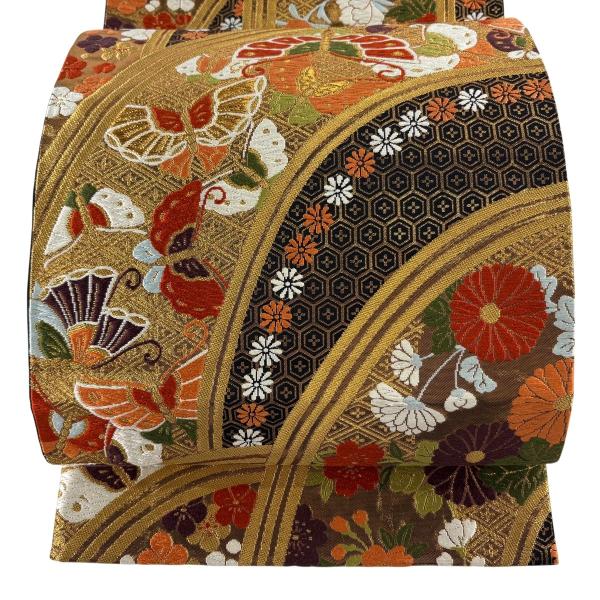 袋帯 逸品 河合美術織物 落款あり 蝶 草花 金糸 唐織 黒 六通 正絹