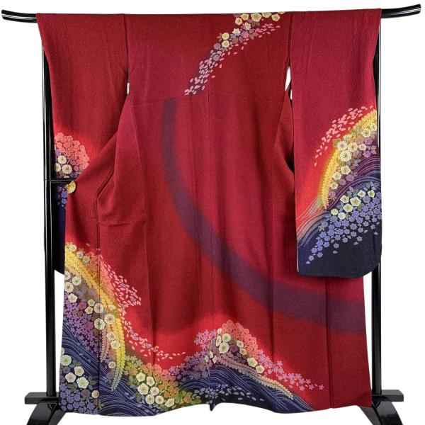 振袖 紺色 辻ヶ花 正絹 【中古】 身丈162cm 裄丈66.5cm 振袖 身丈162cm 裄丈68.5cm L 袷 辻が花 金通し 染め分け 赤 正絹 名品