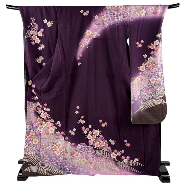 お振袖 紫　M～Lサイズ　正絹　美品 美品 振袖 身丈172cm 裄丈73cm L 袷 桜 波 銀通し 箔 紫 正絹 名品