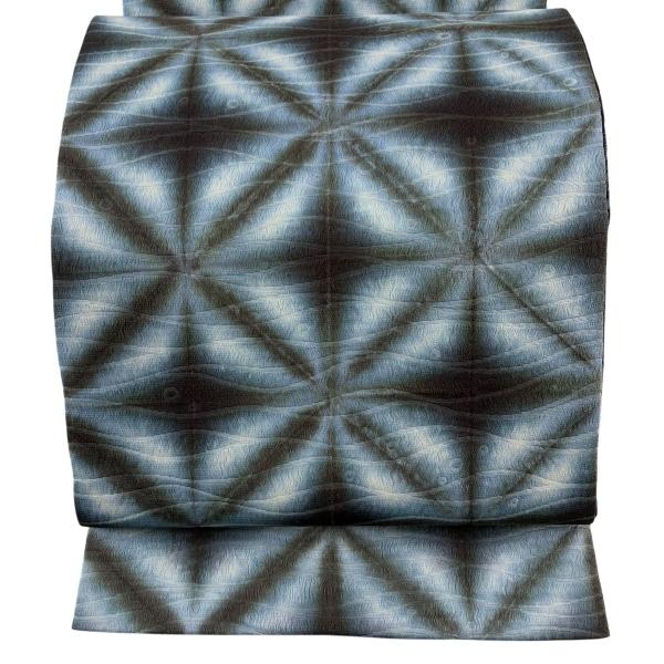 美品 袋帯 名品 菱 よろけ縞 茶緑色 全通 正絹 中古