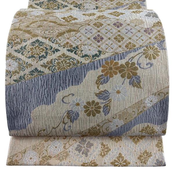 美品 袋帯 名品 七宝花菱 菊唐草 金銀糸 ベージュ 六通 正絹 中古