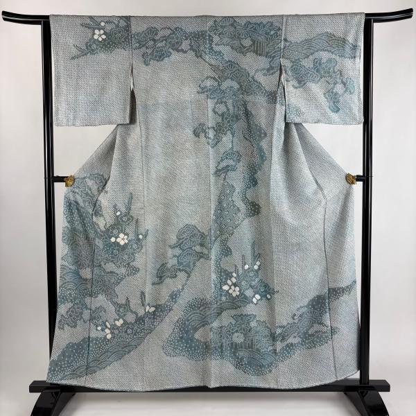 訪問着 身丈157cm 裄丈63cm S 袷 御所車 波 総絞り ぼかし 青灰色 正絹