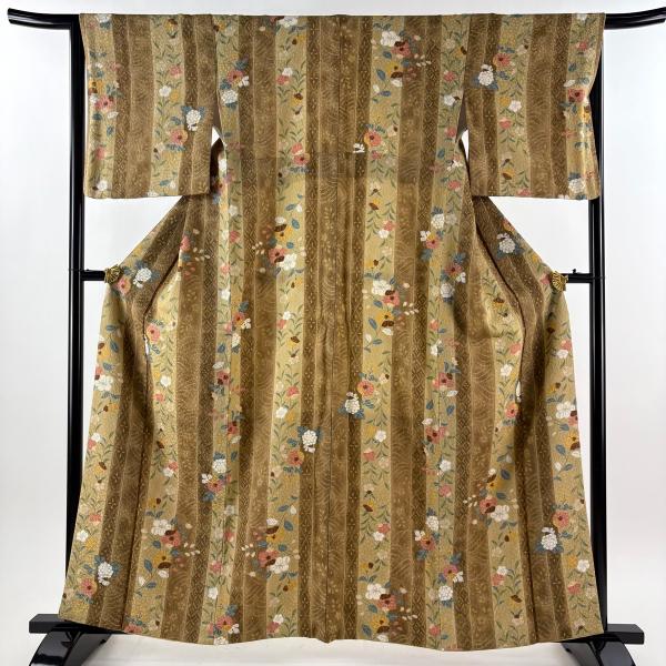美品 小紋 身丈159.5cm 裄丈66cm M 袷 縦縞模様 草花 茶色 正絹 秀品