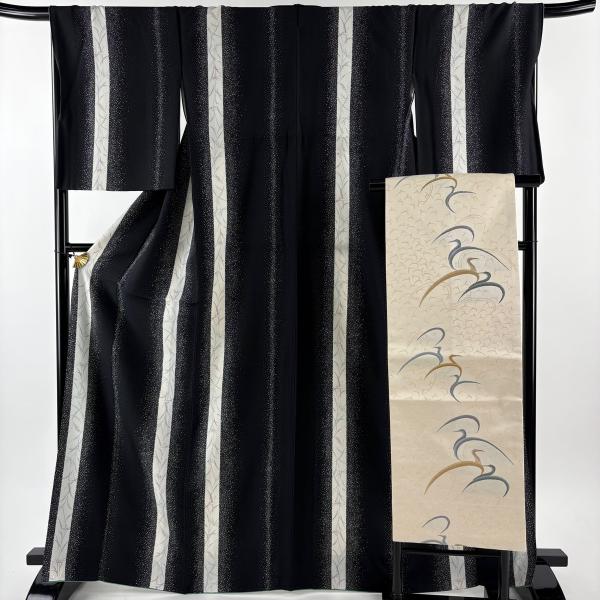 美品 小紋 身丈166.5cm 裄丈67.5cm L 袷 名古屋帯セット 縦縞 葉 黒