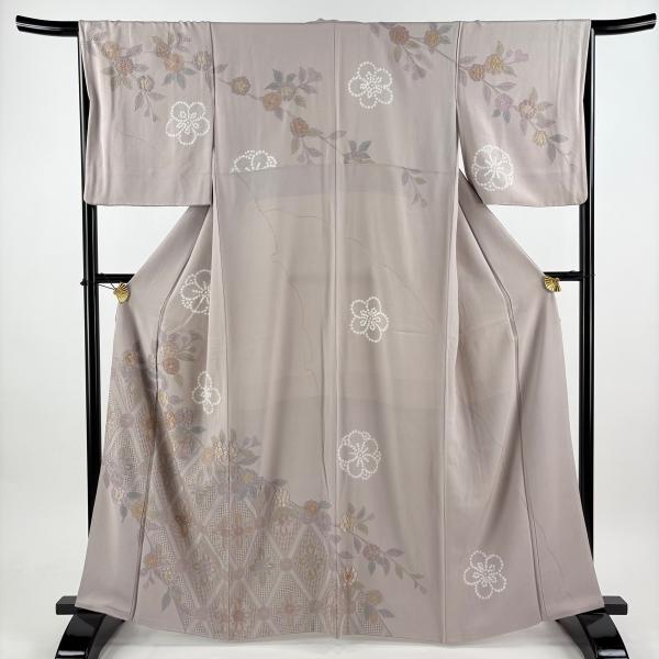 訪問着 身丈162.5cm 裄丈66cm M 袷 草花 菱 刺繍 箔 灰紫 正絹 名品