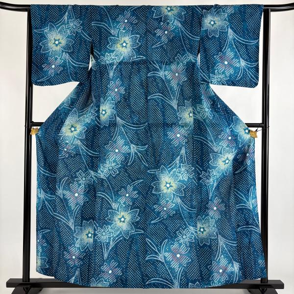 美品 浴衣 身丈160cm 裄丈64.5cm M 絞り浴衣 草花 青緑 綿 名品 中古