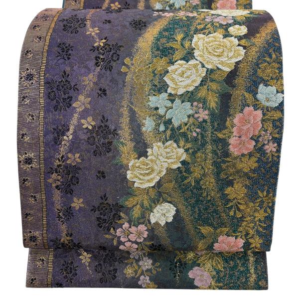 美品 袋帯 秀品 やまと 薔薇 草花 箔 金銀糸 青緑 六通 正絹 中古
