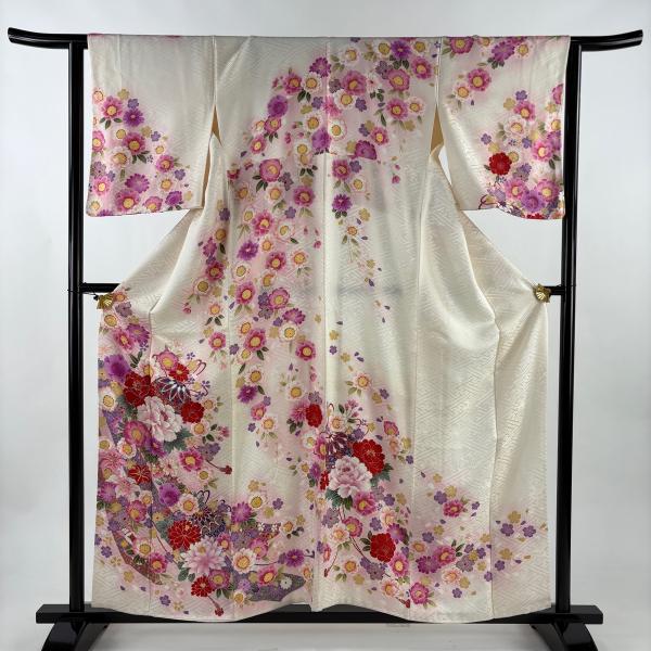 美品 訪問着 身丈157cm 裄丈63.5cm S 袷 鞠 草花 箔 刺繍 クリーム