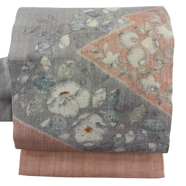 美品 名古屋帯 秀品 紬地 辻が花 絞り ピンクベージュ 正絹 中古