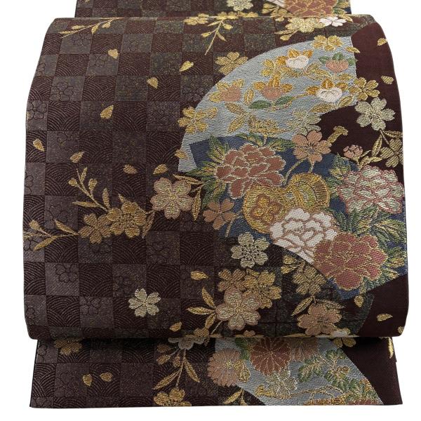 美品 袋帯 秀品 扇面 草花 金銀糸 刺繍 茶紫 六通 正絹 中古
