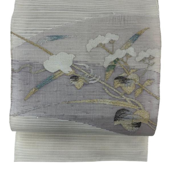 名古屋帯 秀品 夏帯 絽 松葉仕立て 八寸名古屋帯 草花 金銀糸 クリーム