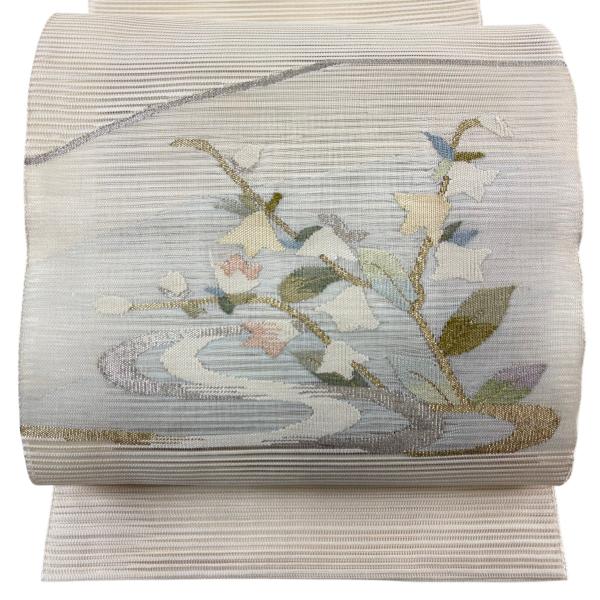 名古屋帯 名品 八寸名古屋帯 夏帯 絽 草花 流水 金銀糸 ベージュ 正絹